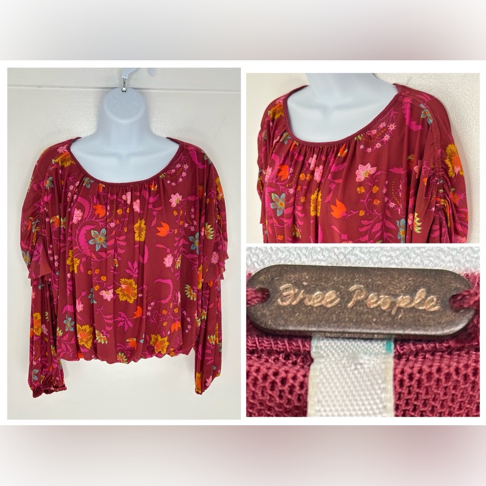 Free People Floral Wildflower Honey Blouse Top Size XS Berry Combo Boho Hippie